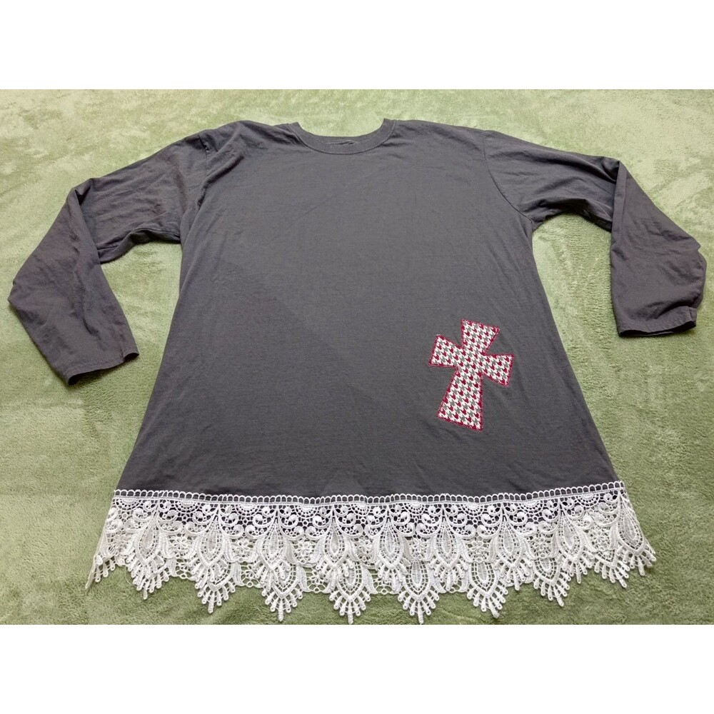 Women's 2XL Heather Gray Tunic With Lace Bottom Logo Cross Long Sleeve